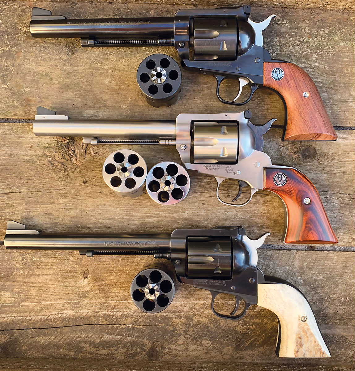Large-framed Ruger Blackhawks with convertible cylinders make the sixguns more versatile by allowing other cartridges to be fired in the same gun.